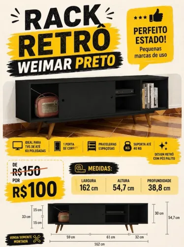 RACK RETRO WEIMAR PRETO 162cm