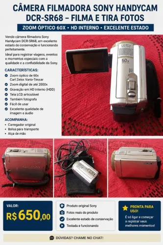 Câmera Filmadora Sony Handycam DCR-SR68 - Zoom Óptico 60x | HD Interno | Excelente Estado
