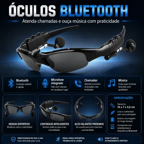 Óculos Esportivo Bluetooth com Fone em Plastico
