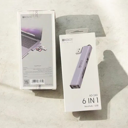 Hub Multifuncional 6 em 1 HRebos Premium NeoHub AD-240 - USB-A, USB-C, Leitor de Cartão