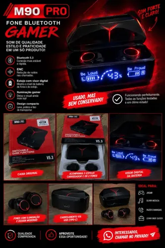 Fone Bluetooth Gamer M90 Pro com Estojo Digital