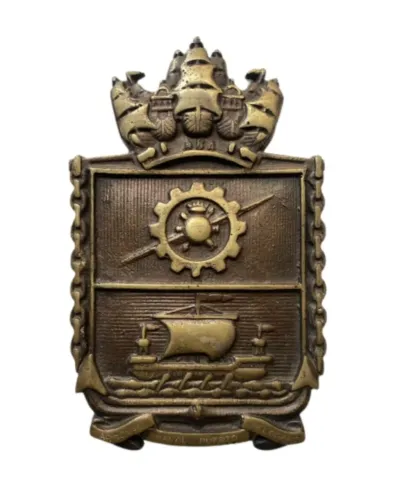 Brasão heráldico militar vintage em bronze fundido do Arsenal Naval Puerto Belgrano