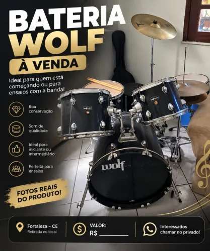 Bateria Wolf Drums completa - Ideal para iniciantes e ensaios