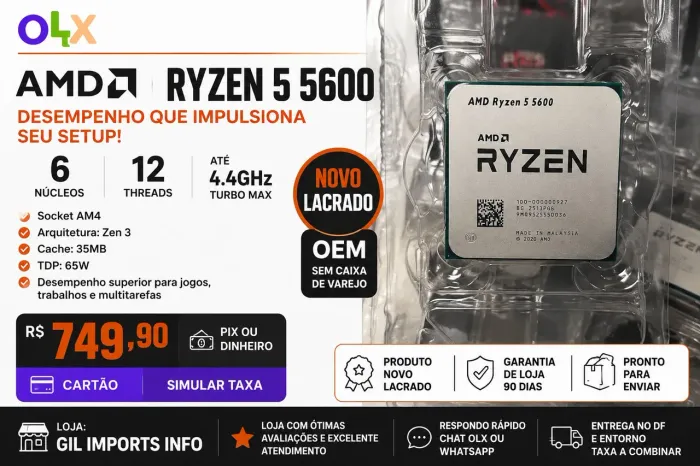 PROCESSADOR AMD Ryzen 5 5600 OEM - Novo Lacrado -