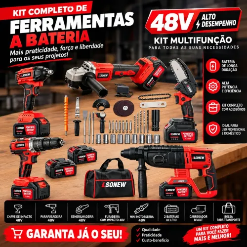KIT COMPLETO DE FERRAMENTAS A BATERIA