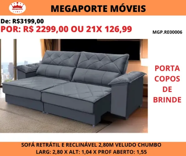 Sofá Retrátil e Reclinável 2,80 Veludo