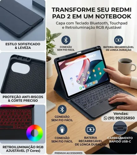 Capa com teclado retroiluminado para Redmi Pad 2