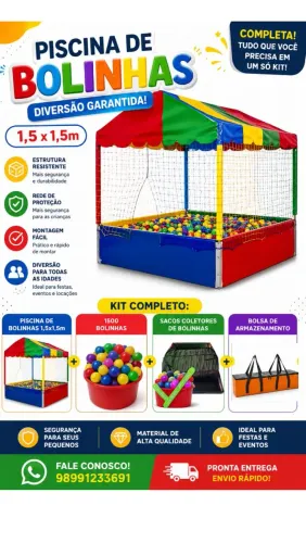Piscina de Bolinhas 1,5x1,5 + 1500 bolinhas +bolsa coletora de bolinhas e de armazenamento
