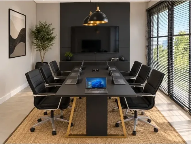 Mesa de Reunião Trapeze Gold. Com Painel e Cxs. de Tomadas. L272cm x P130cm x A74cm