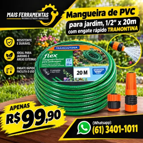 Mangueira de PVC para jardim, 1/2" x 20m com engate rosqueado e esguicho * TRAMONTI
