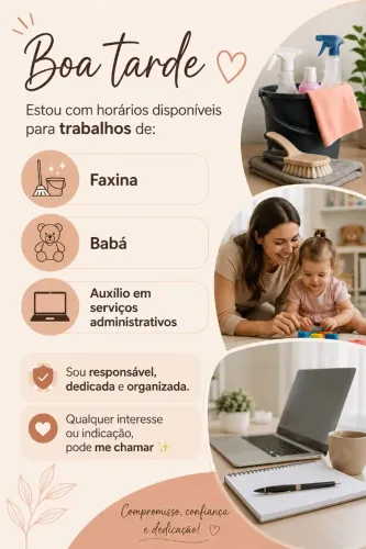 Procuro trabalho como faxineira e babá!