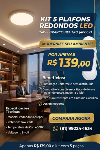  LED/paflon/ luminaria de teto Redondas Sobrepor 24W Branco Neutro Kit 5 unidades