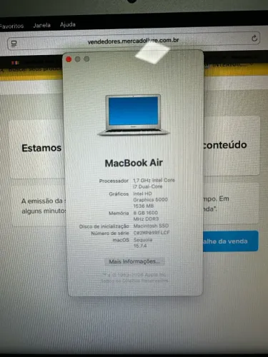 MacBook Air 11? i7 8gb 500gb storage muito novo