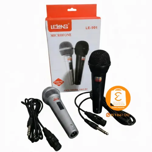 Kit 2 Microfones Dinâmico com Fio 2,5m Karaokê, Caixa de Som