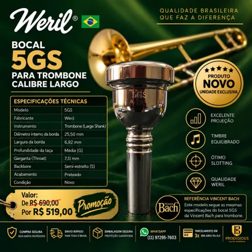 Bocal 5GS Weril para Trombone Calibre Largo