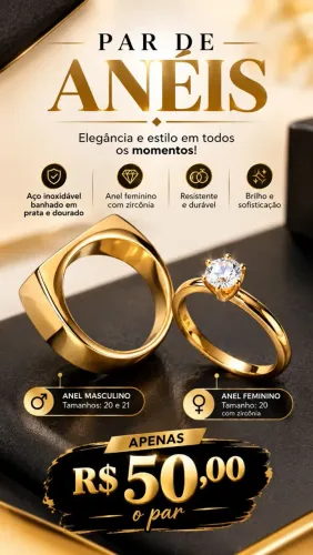 Anéis (par) casal, aço inoxidável, prata e dourado