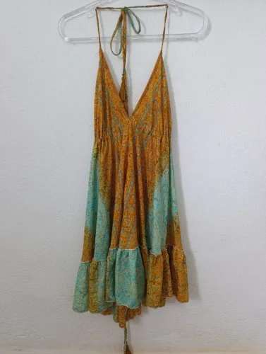 Vestido de verão feminino amarelo, azul e dourado - tamanho M - excelente estado