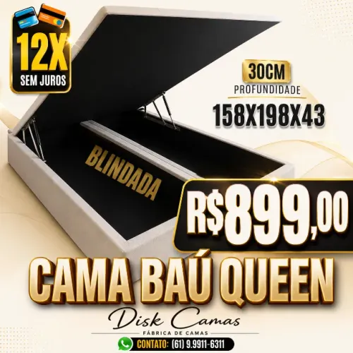 Durabilidade e Espaço! Cama Baú Queen 158x198x43 Blindada por R$899