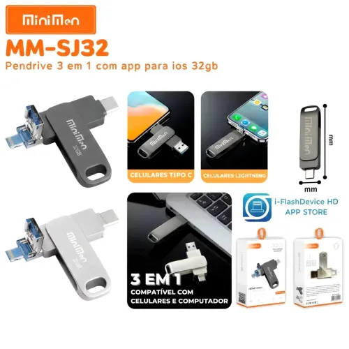 Pendrive 4 em 1 64 GB Metal 3.0 - PenDrive/USB/Tipo-C/lOS Lightning