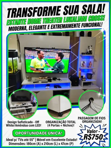Estante Home Theater Lukaliam Cross - Espaçosa e Moderna