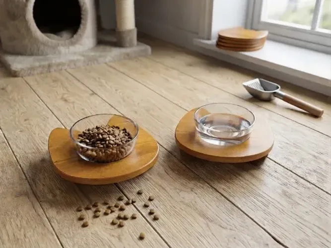 Par de suporte de madeira para água e ração de gato