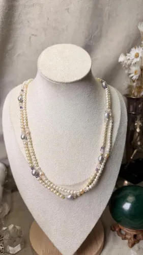 Colar pérolas e quartzos e ouro 18k - 103 cm