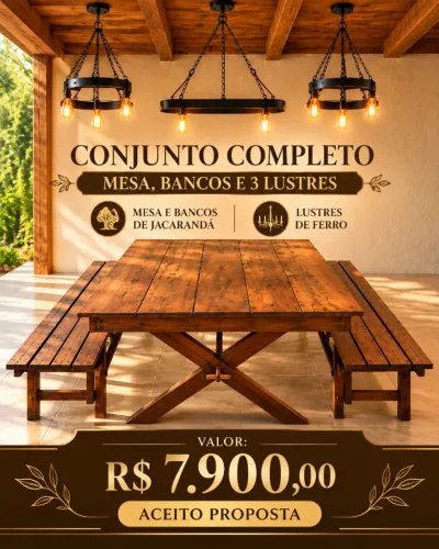 Mesa de Jacarandá com Bancos e 3 Lustres de Ferro