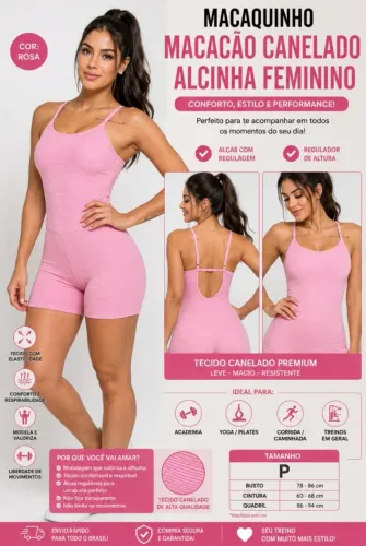 Macaquinho Canelado Feminino - Conforto, Estilo e Performance! Tamanho P Cor Rosa