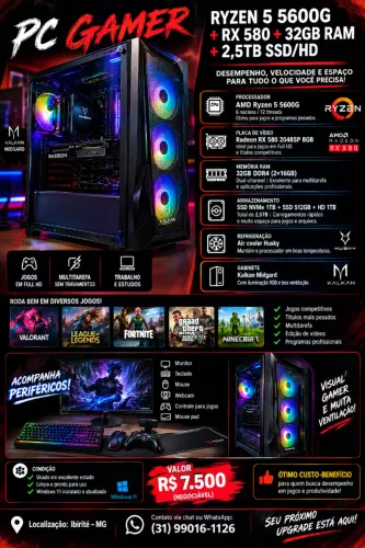 PC Gamer Ryzen 5 5600G + RX 580 + 32GB RAM + 2,5TB SSD/HD