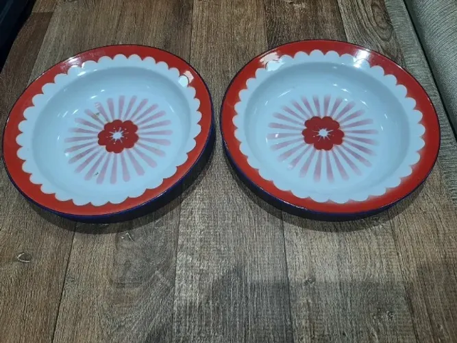 02 Pratos de ferro esmaltado estilo retrô chinês , floral vibrante e bordas festivas