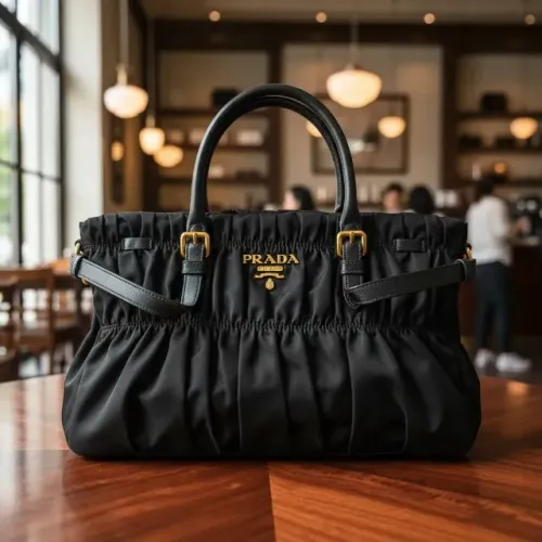 Bolsa Prada Original Tessuto Gaufre Nylon Preta com Cadeado Chave e Alça