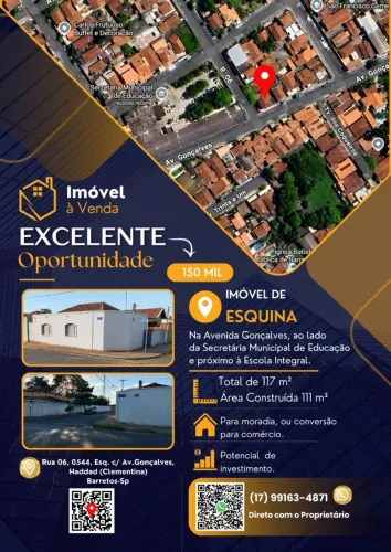 Casa à venda em Barretos-SP, de esquina, ao lado da Secretária de Educação.