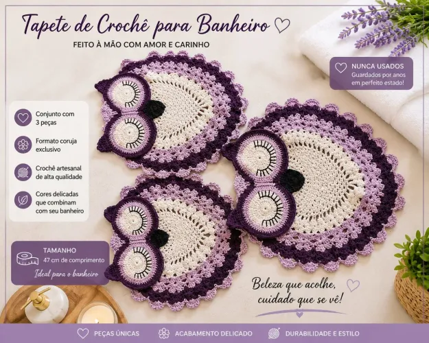 Kit para banheiro tapete de crochê coruja