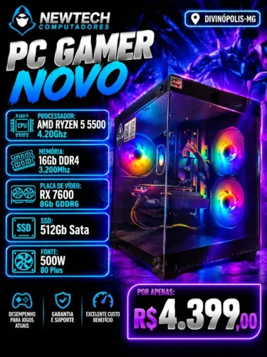 (NOVO) PC Gamer R5 5500 4.2Ghz / Mem 16Gb / SSD 512Gb/ RX 7600 8Gb (aceito cartão)