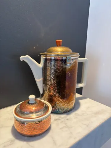 Bule Térmico Vintage e Açucareiro - Porcelana e Banho de prata 