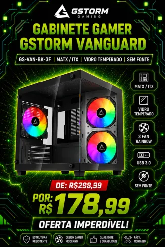Gabinete GStorm Vanguard, mATX / ITX, Vidro Temperado, Sem Fonte, 3 Fan Rainbow, USB 3.0,