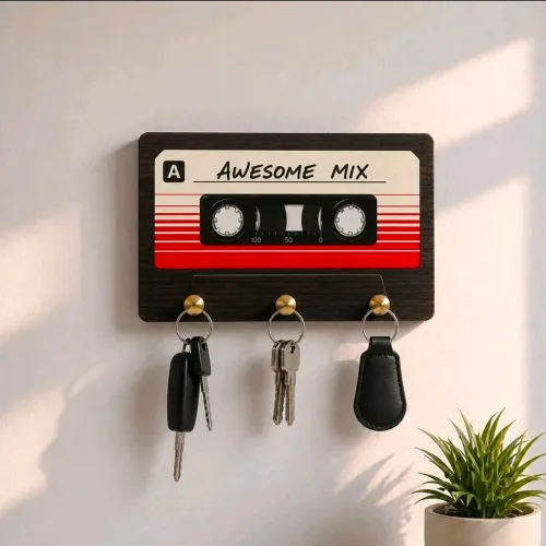 Porta Chaves Parede Decorativa Retro Fita K7 em MDF 03 Ganchos