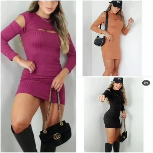 Vestido manga longa curto com recorte estilo blogueira