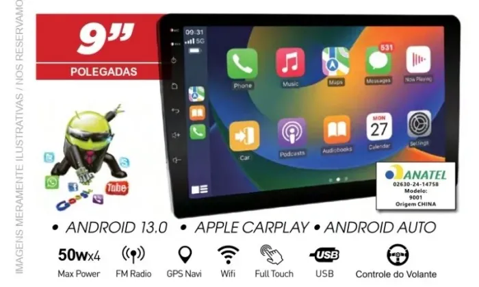 Central Multimídia Android 2 Din 9 polegadas 64 gb Android Auto e carplay