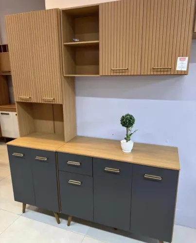Armário Cozinha Olinda Ripado 3D 4 Peças Paneleiro + Aéreo 1.05m + Balcão e Aéreo de Gelad