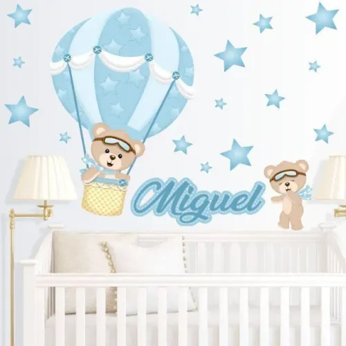 Adesivo de Parede para Decoração de Quarto Criança Ursinho Balão Azul