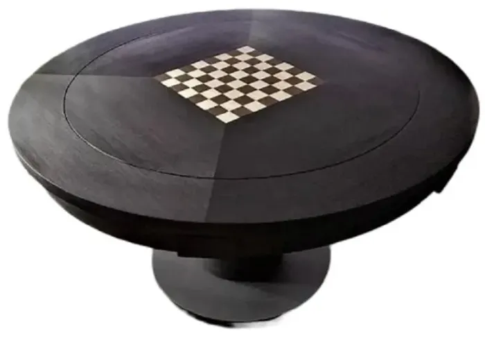 MESA DE CARTEADO REDONDA PRETA DE 125 CM REVERSIL COM TABULEIRO DE XADREZ E TECIDO VERDE