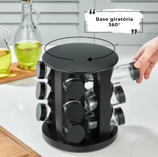 Suporte giratório porta tempero com 9 potes de vidro 