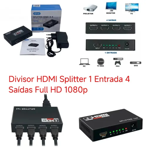 Divisor HDMI Splitter 1 Entrada 4 Saídas Full HD 1080p