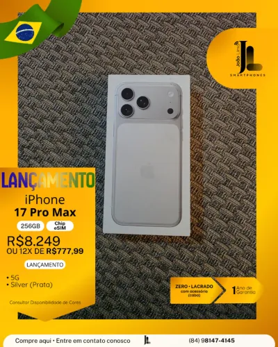 IPHONE 17 PRO MAX, 256GB, CHIP ESIM, SILVER (PRATA), LACRADO, LANÇAMENTO!