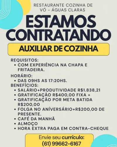 Vaga de emprego para auxiliar de cozinha 