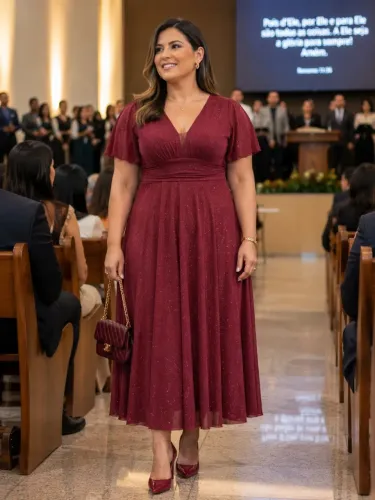 Vestido Plus Size de Festa Marsala/Vinho Brilhante - Tam 48 