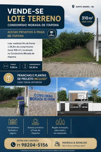 Vendo Terreno Lote Condomínio Morada de Itapema Santo Amaro Praia Itapema Bahia 9m×34.5m