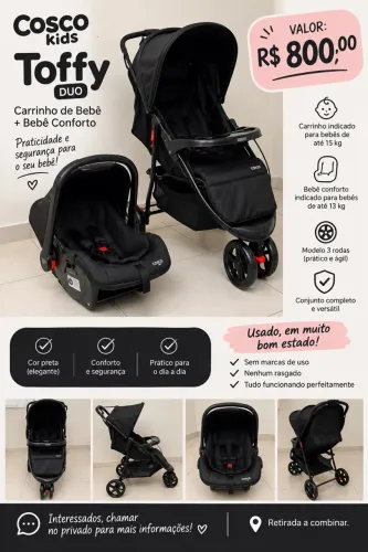 Carrinho de bebê cosco com bebê conforto