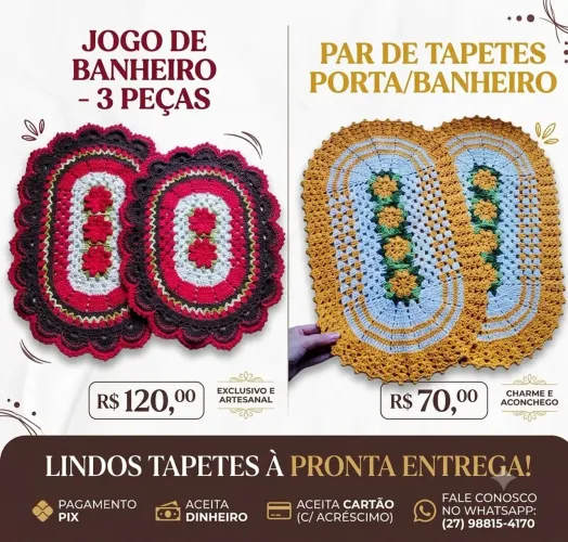 Disponível para pronta entrega jogo de banheiro e par de Tapetes de crochê